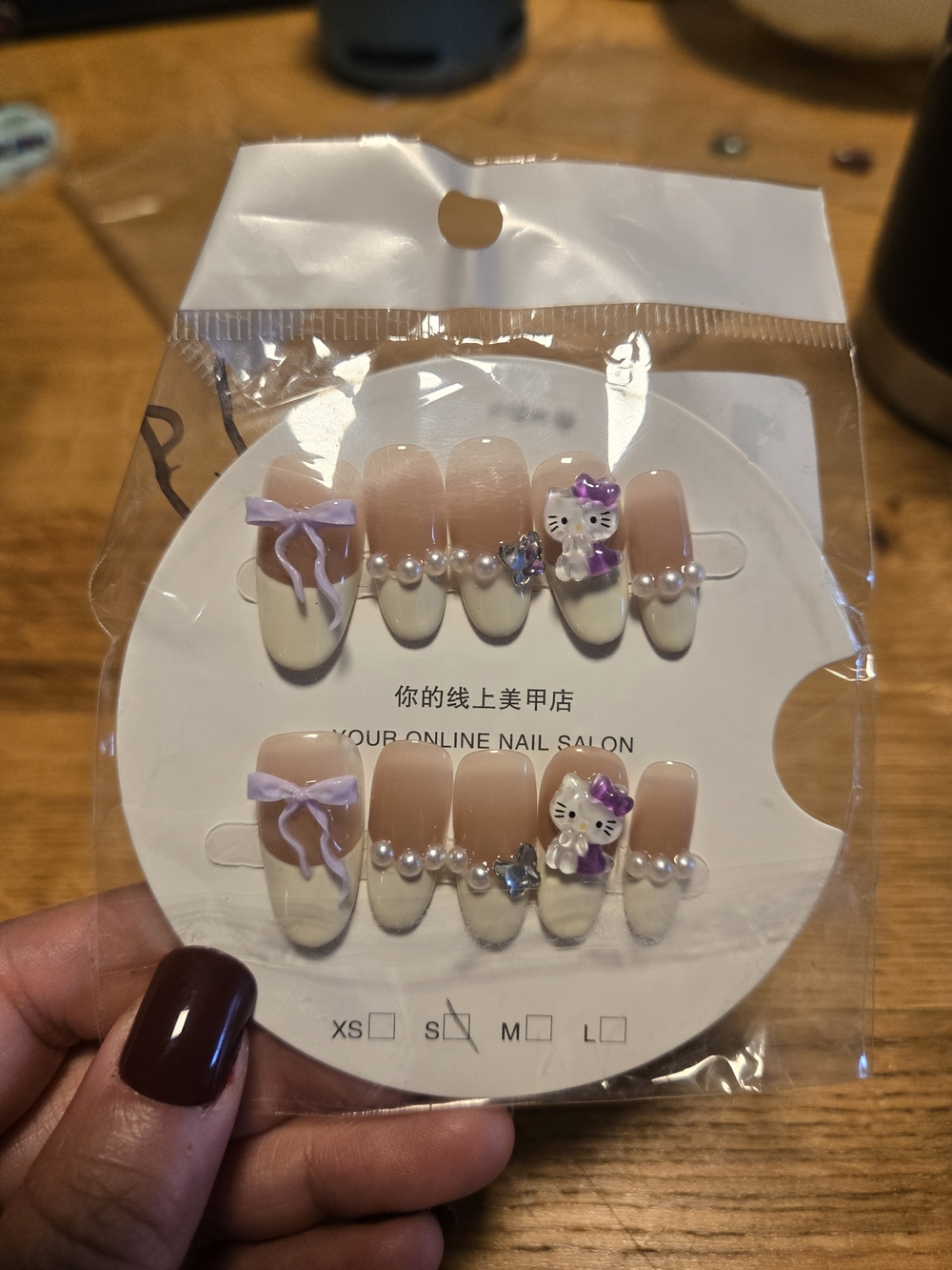 Cute 3D Kitty Pearl Accent Press-On Nails - Nude & Cream with Lavender Bows